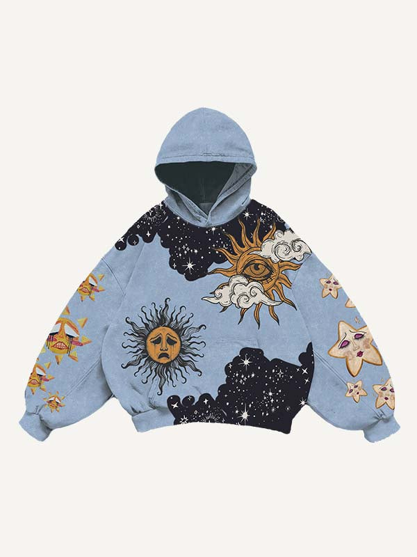 Sad Sun&Moon&Eye&Cloud&Graphic Print Slant Pockets Hoodie