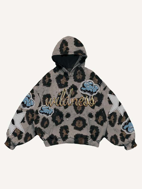 Leopard Print&Cloud&Graphic Faux Decal Print Slant Pockets Hoodie