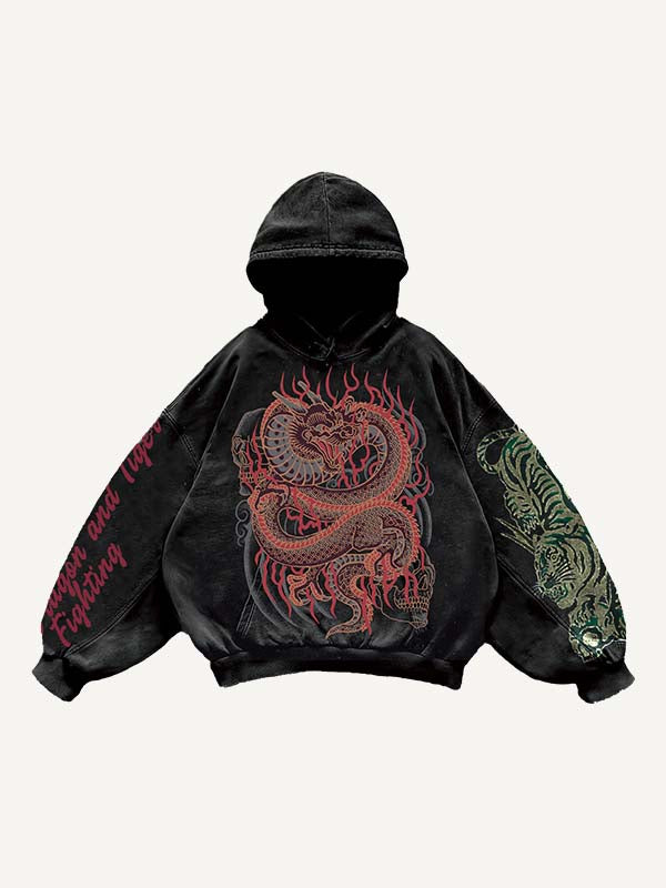 Dragon&Tiger&Skull&Letter Print Slant Pockets Hoodie