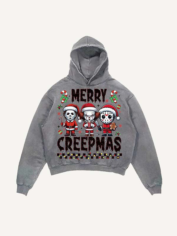 Distressed Washed Christmas Horror Print Slant Pockets Hoodie