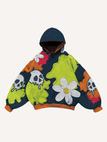Colorblock Skull&Floral Faux Decal Print Slant Pockets Hoodie