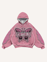 Fire Butterfly Faux Rhinestones Print Faux Decal Print Slant Pockets Hoodie