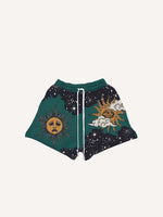 Sad Sun&Eye&Cloud&Graphic Print Drawstring Waist Shorts