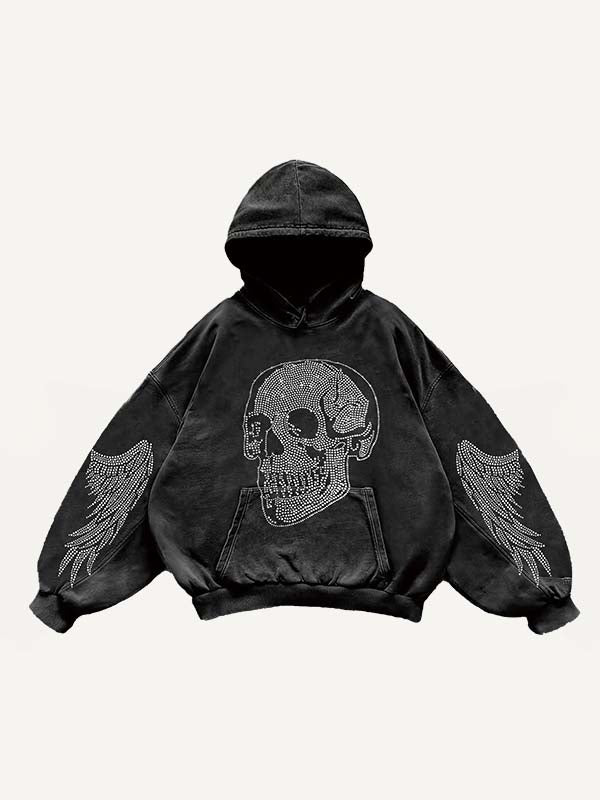 Skull&Wing Faux Rhinestones Print Slant Pockets Hoodie