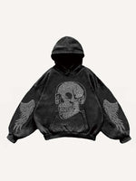 Skull&Wing Faux Rhinestones Print Slant Pockets Hoodie