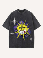 Distressed Washed Evil Sun&Moon&Cloud&Graphic Print Round Neck T-shirt