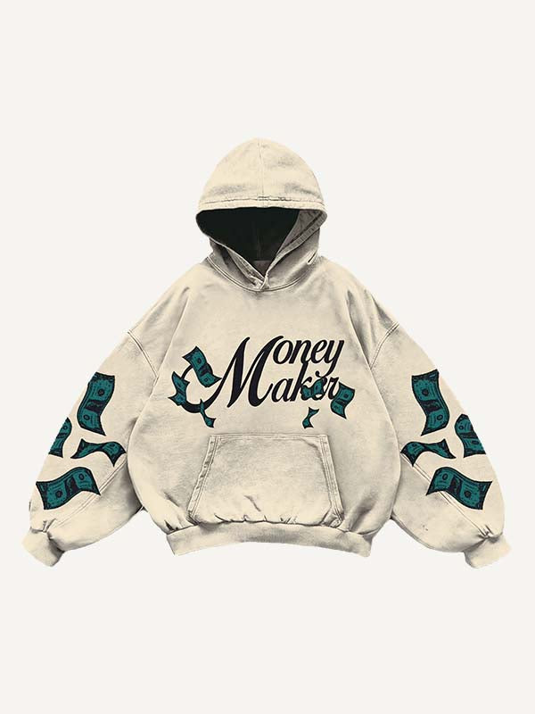 Angel&Letter&Money Print Slant Pockets Hoodie
