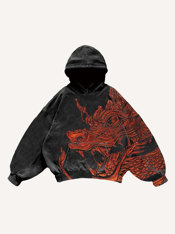 Dragon Print Slant Pockets Hoodie