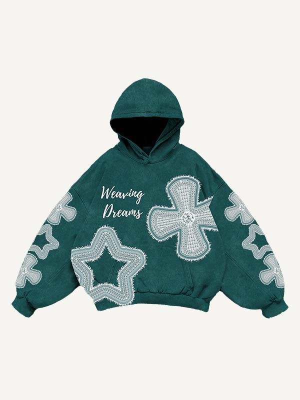 Cross&Star Faux Decal Faux Rhinestones Print Slant Pockets Hoodie