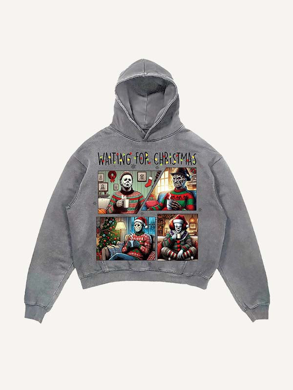 Distressed Washed Christmas Horror Print Slant Pockets Hoodie