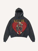 Distressed Washed Skeleton&Kiss Me Print Slant Pockets Hoodie