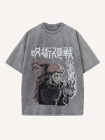 Distressed Washed Figure&Graphic&Fire Print Round Neck T-shirt