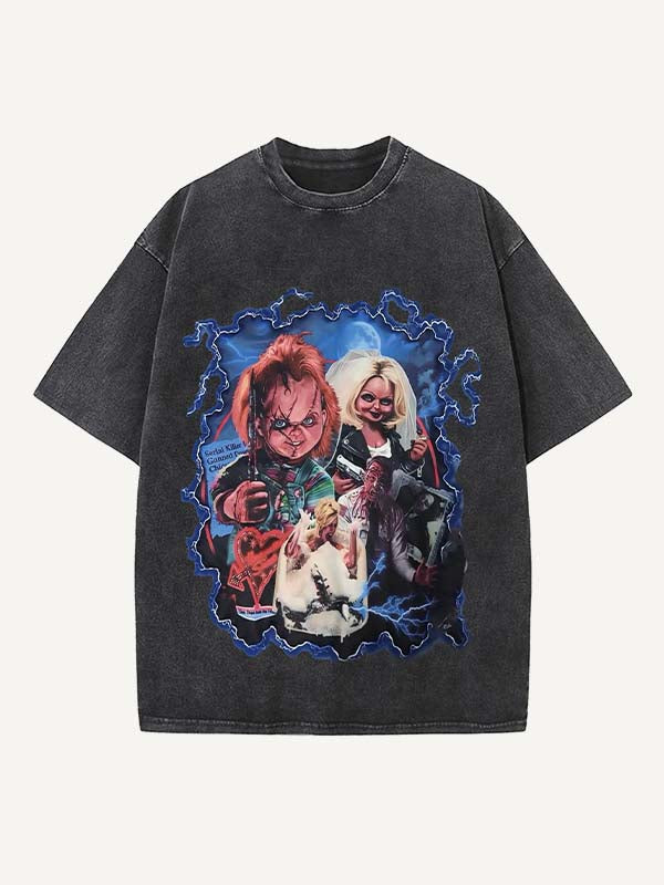 Distressed Washed Horror Print Round Neck T-shirt