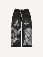 Mary&Pray&Pigeon&Letter Faux Rhinestones Print Elastic Waist Pants