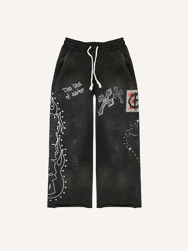 Cross&Letter Print Elastic Waist Pants