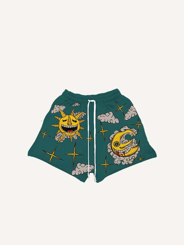 Evil Moon&Sun&Star&Cloud Print Drawstring Waist Shorts