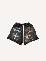 Eye&Fire&Letter Faux Rhinestones Print Drawstring Waist Shorts