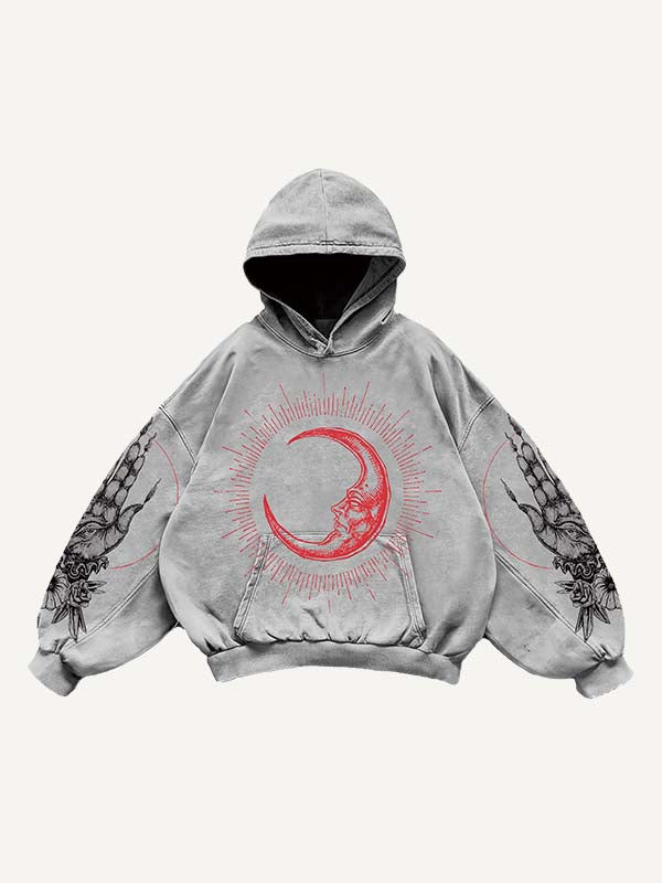 Sun&Moon&Wing&Eye&Palm Print Slant Pockets Hoodie