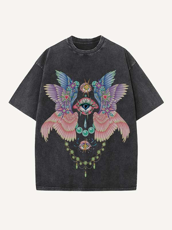 Distressed Washed Eye&Wing Print Round Neck T-shirt