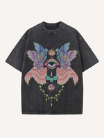 Distressed Washed Eye&Wing Print Round Neck T-shirt