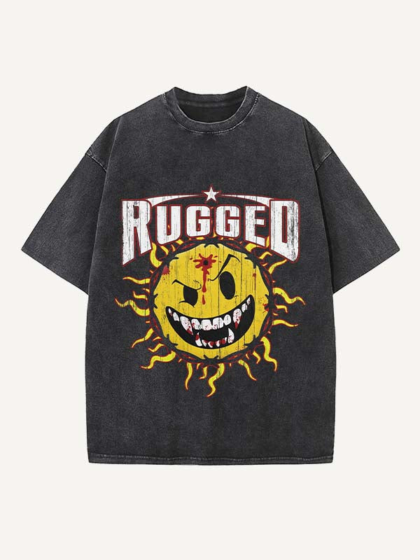 Distressed Washed Evil Sun&Letter Print Round Neck T-shirt