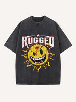Distressed Washed Evil Sun&Letter Print Round Neck T-shirt