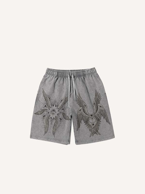 Distressed Washed Wing&Eye&Graphic Print Drawstring Waist Shorts