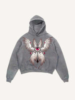Distressed Washed Wing&Eye&Graphic Print Slant Pockets Hoodie