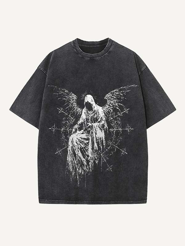 Distressed Washed Figure&Wing&Cross&Graphic Print Round Neck T-shirt