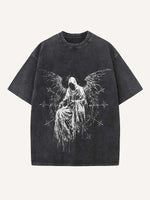 Distressed Washed Figure&Wing&Cross&Graphic Print Round Neck T-shirt