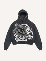 Distressed Washed Eye&Letter Faux Decal Print Slant Pockets Hoodie