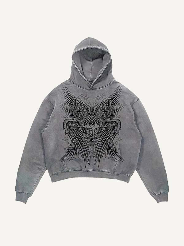 Distressed Washed Wing&Eye&Tears&Graphic Print Slant Pockets Hoodie