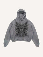 Distressed Washed Wing&Eye&Tears&Graphic Print Slant Pockets Hoodie