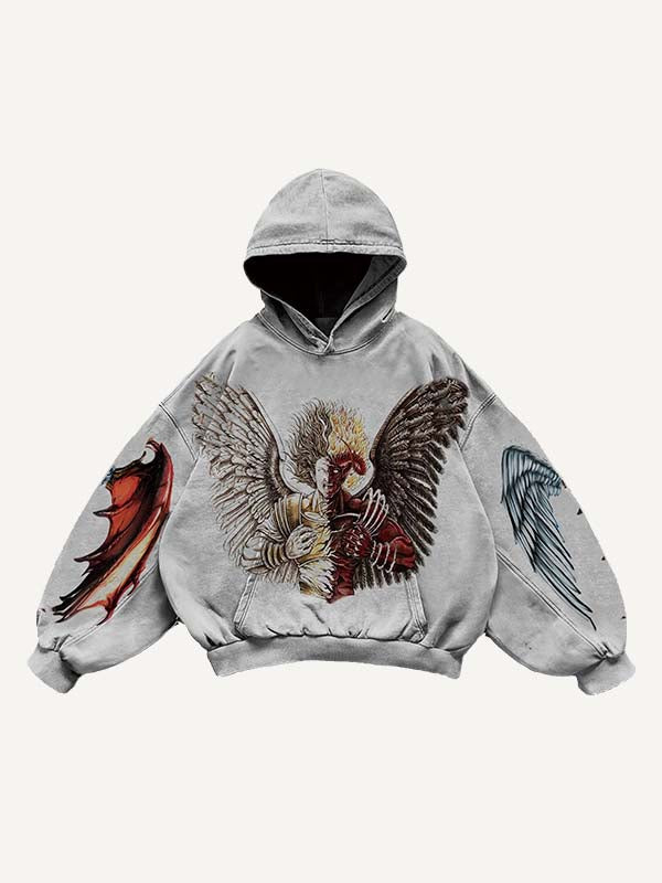 Half Angel Half Demon&Wing Print Slant Pockets Hoodie