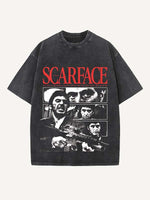 Distressed Washed Figure&Letter Print Round Neck T-shirt