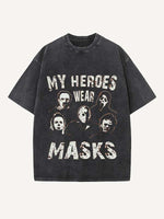 Distressed Washed Halloween Horror Print Round Neck T-shirt