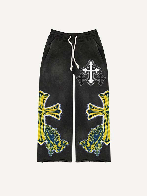 Figure&Pray&Cross Faux Decal Print Elastic Waist Pants