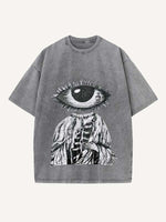 Distressed Washed Figure&Eye&Fire&Graphic Print Round Neck T-shirt