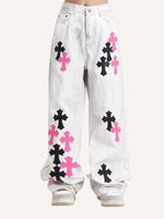 Cross Patch Embroidered Straight Jeans