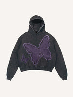 Distressed Washed Butterfly Faux Decal Print Slant Pockets Hoodie
