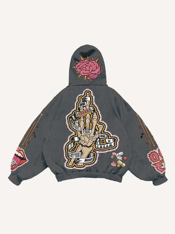 Skeleton Injection Medicine&Letter Faux Decal Print Slant Pockets Hoodie