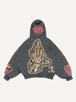 Skeleton Injection Medicine&Letter Faux Decal Print Slant Pockets Hoodie