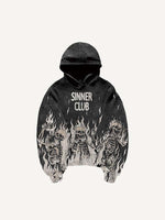 Skeleton&Letter&Fire Print Slant Pockets Hoodie