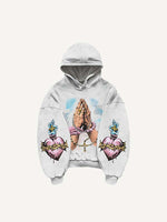 Pray Letter&Heart&Palm Print Slant Pockets Hoodie