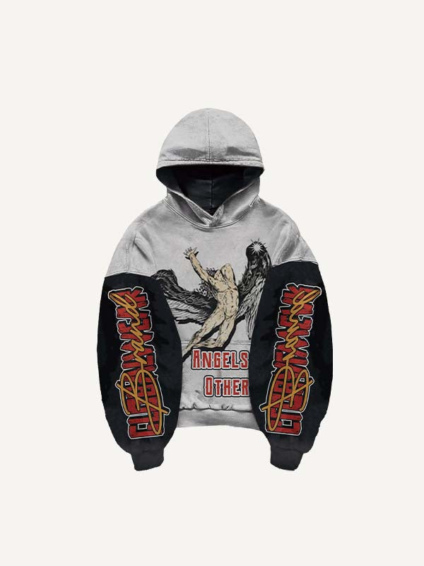 Colorblock Figure&Wing&Letter Print Slant Pockets Hoodie