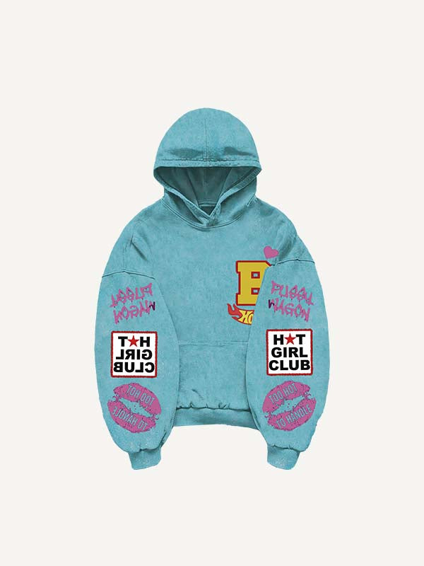 Figure&Lips&Heart&Letter Faux Decal Print Slant Pockets Hoodie