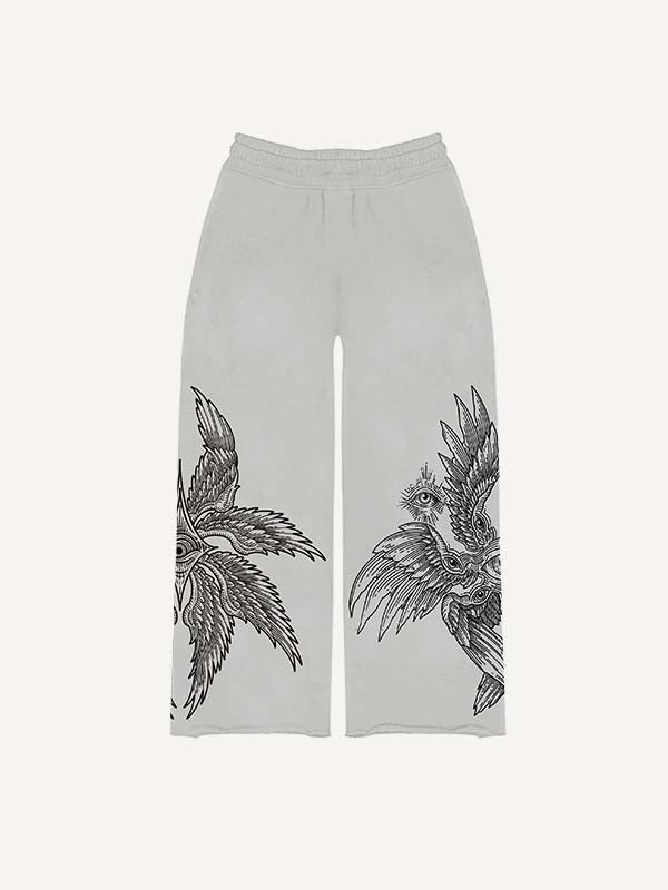 Eye&Wing&Sun Print Elastic Waist Pants