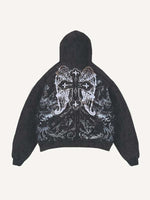 Distressed Washed Cross&Wing&Graphic Print Slant Pockets Hoodie
