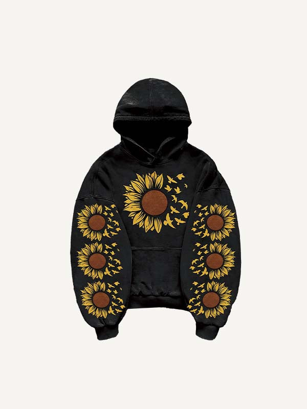 Floral&Pigeon Print Slant Pockets Hoodie