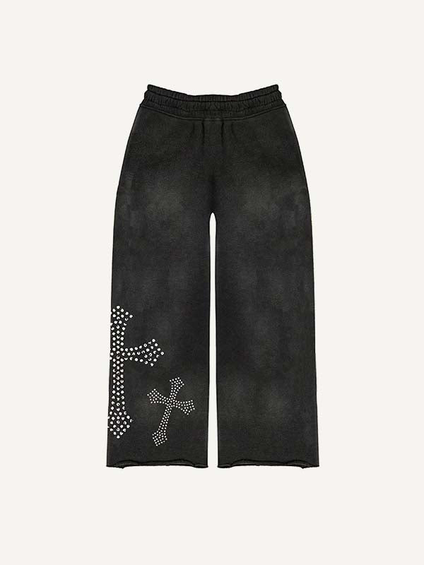 Mary&Cross Faux Rhinestones Print Elastic Waist Pants